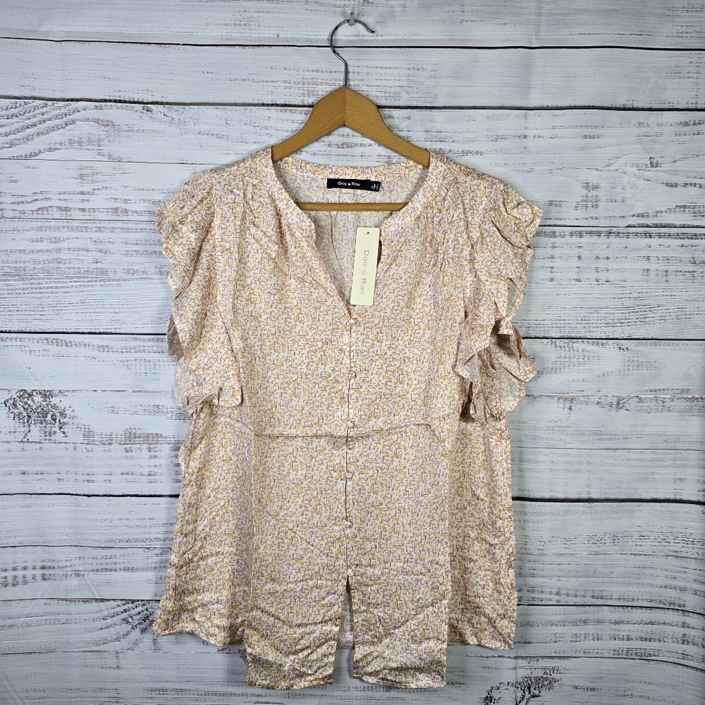 NWT Doe & Rae button-up ruffle Shortsleeve Blouse‎ Cream Color Womens S, M, L